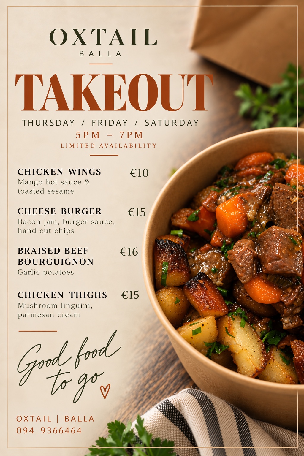 Oxtail Balla takeaway menu poster showing four dishes and prices